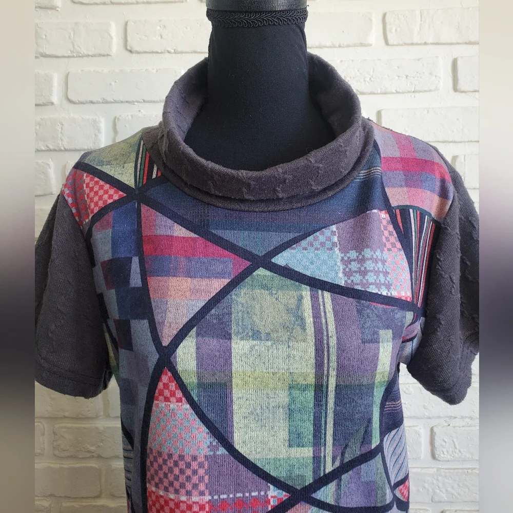 Smash! Abstract Patchwork Midi Cowl Neck Sweater Dress Short Sleeves Boho Hippie - Picture 2 of 16
